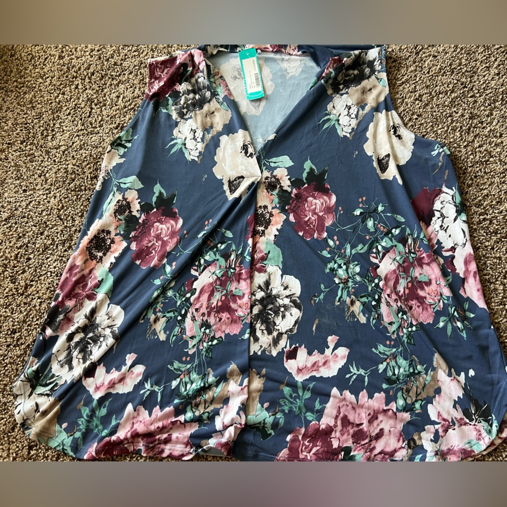 Beacon Top Women 3x Blue Alicia Pleat Detail Knit Floral VNeck Sleeveless NWT